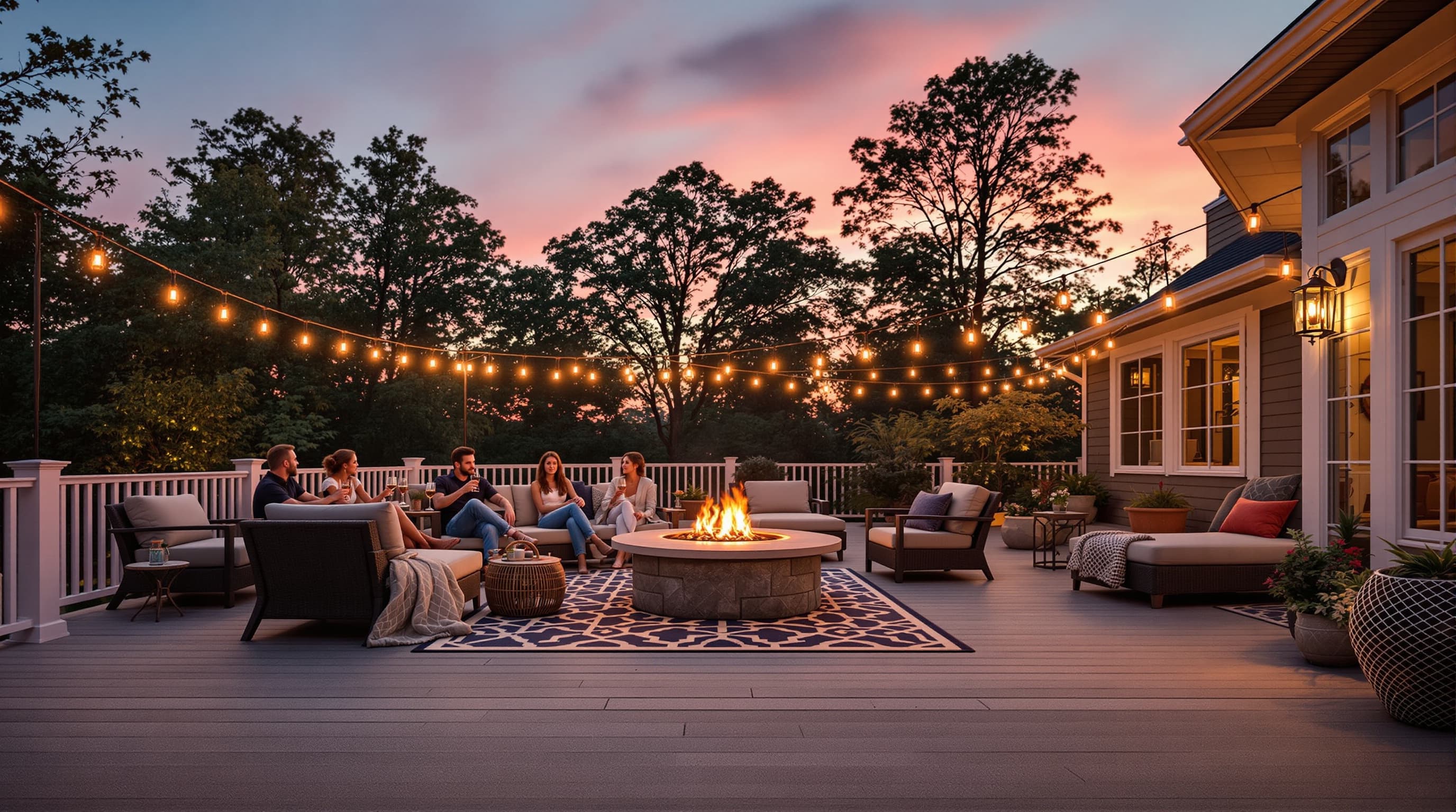 Cinematic sunset deck with outdoor entertaining on Long Island