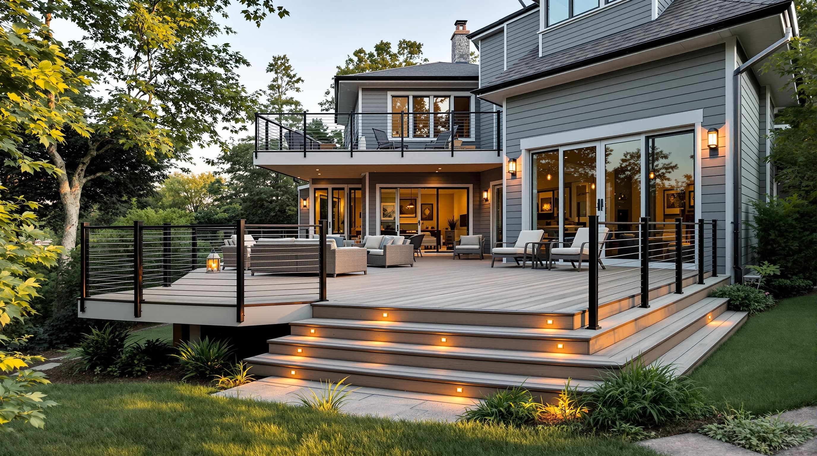 Multi-level composite deck at dusk